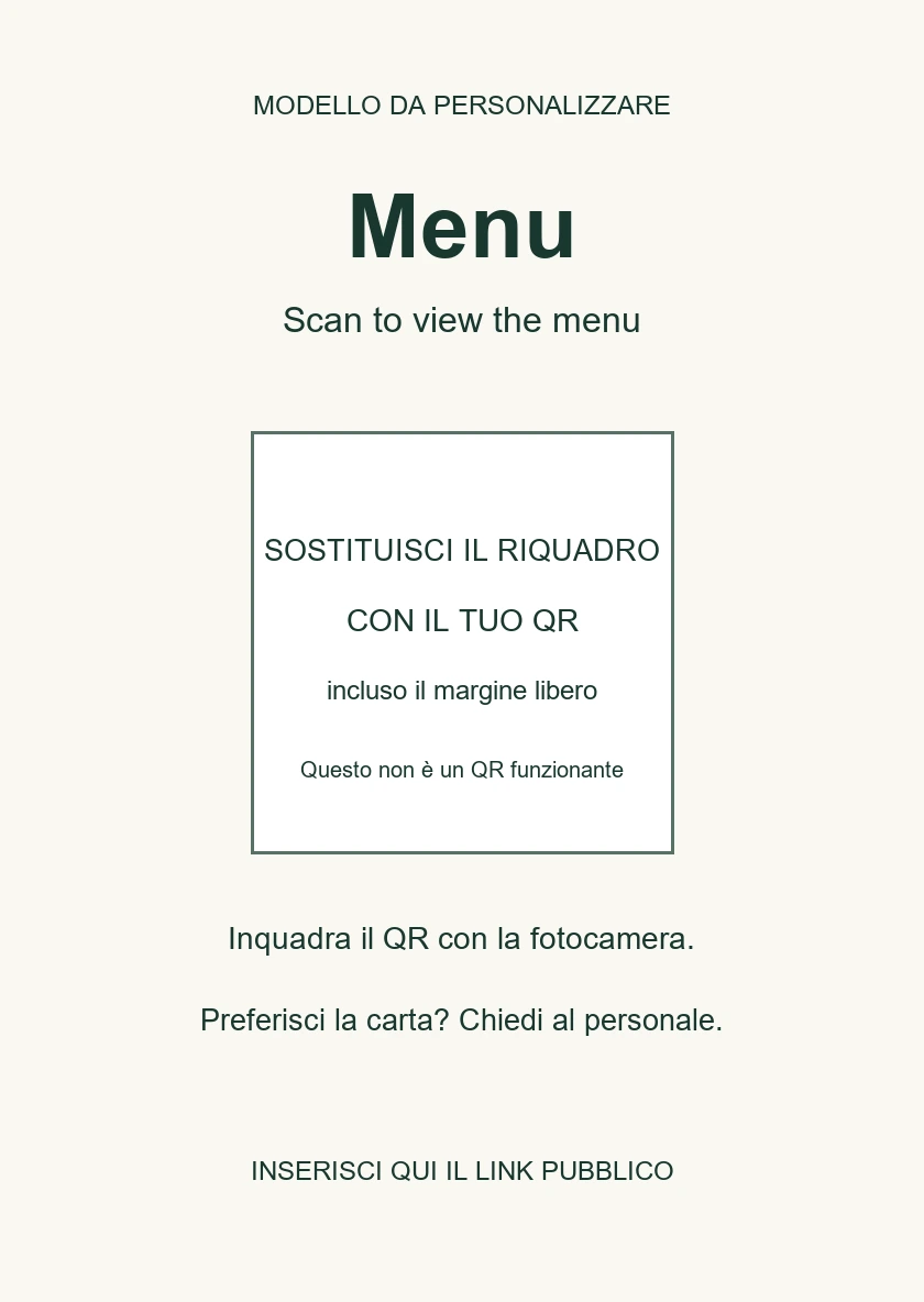 Schema di cartello per menu QR con invito in italiano e inglese, spazio per il codice e assistenza del personale