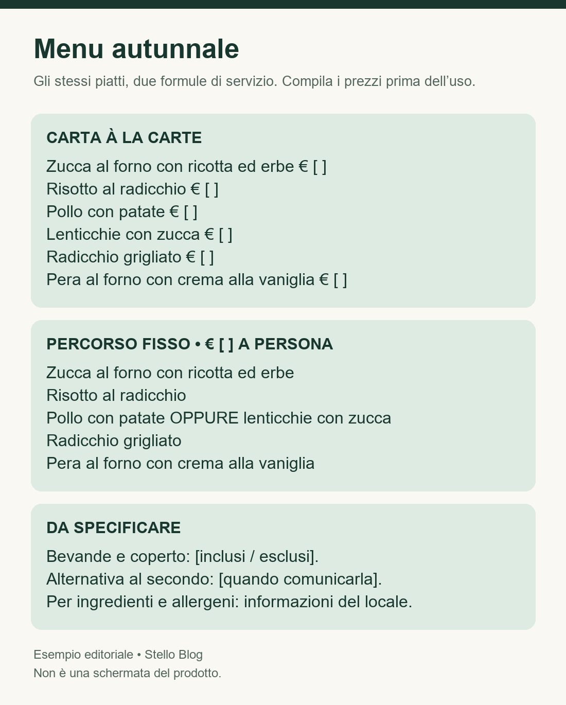 Due impaginazioni editoriali dello stesso menu autunnale: carta à la carte e percorso fisso con alternative esplicite