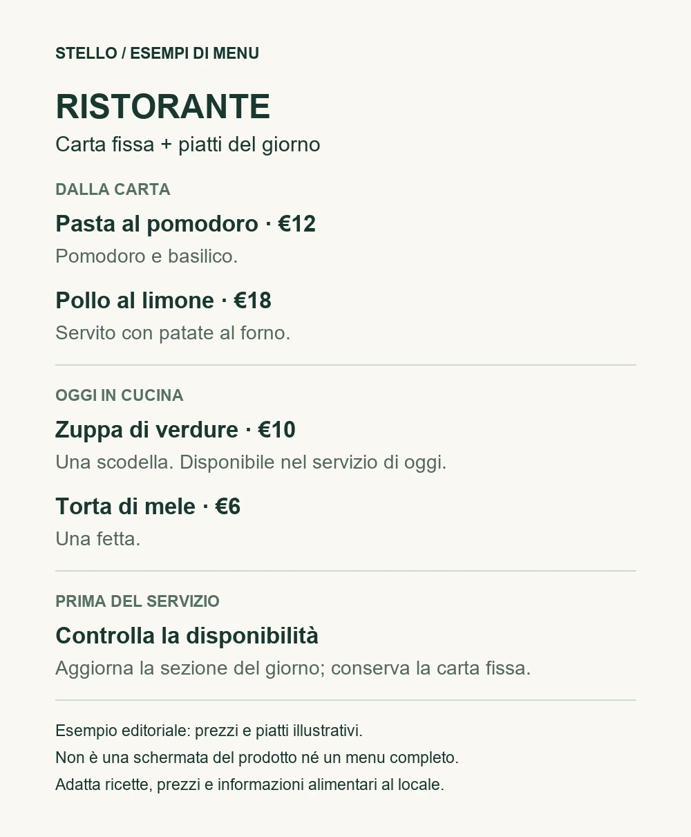 Esempio di menu ristorante con carta fissa e sezione Oggi in cucina per zuppa e torta