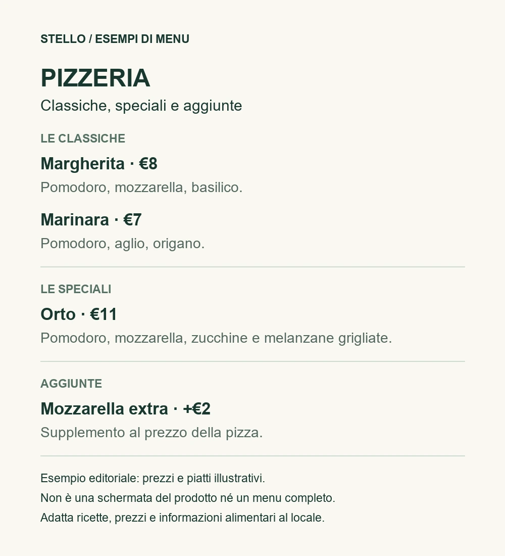 Esempio di menu per pizzeria: Margherita a 8 euro, Marinara a 7, Orto a 11 e mozzarella extra a 2 euro