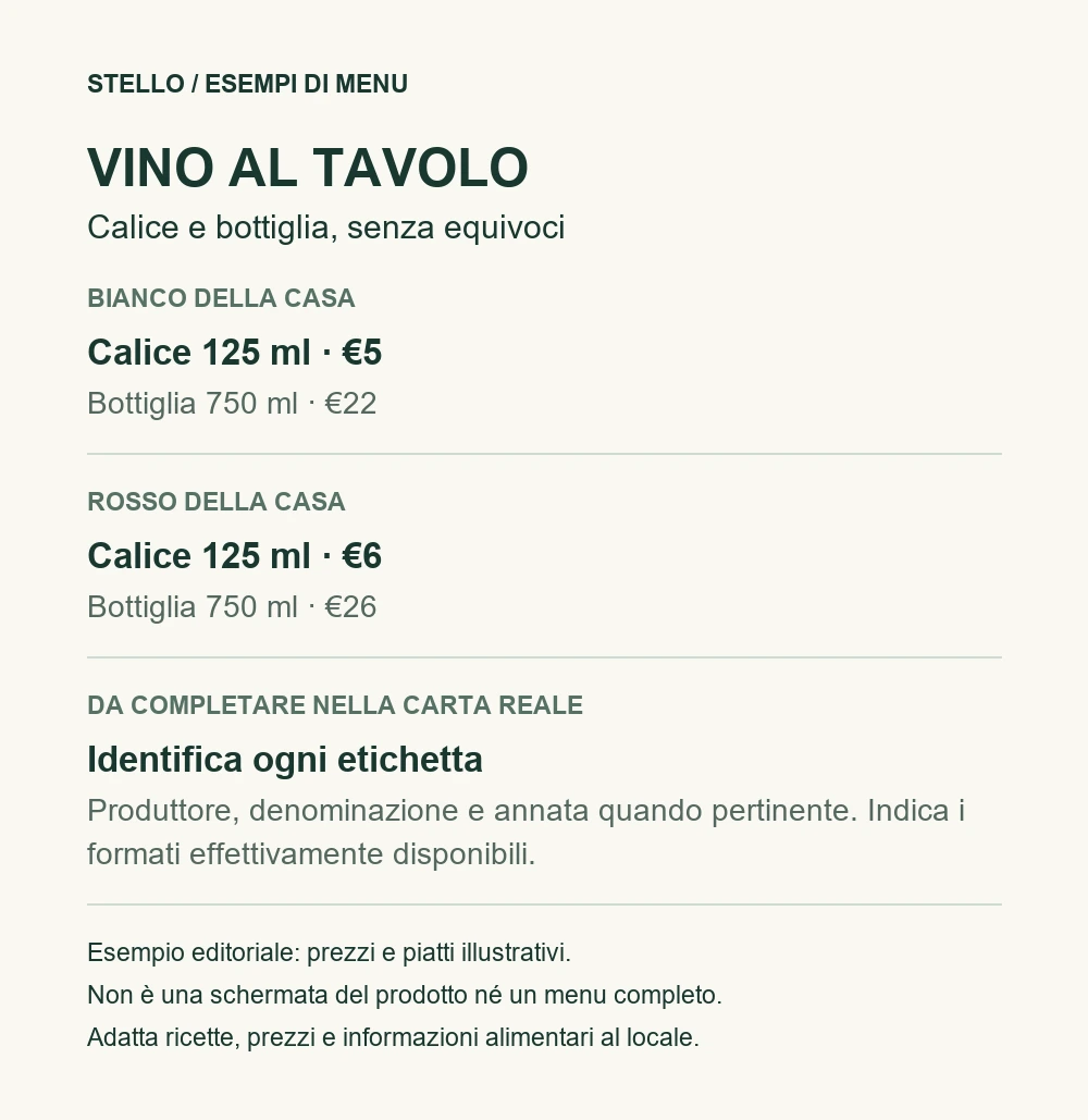 Esempio di carta vini: bianco e rosso con prezzi distinti per calice da 125 ml e bottiglia da 750 ml