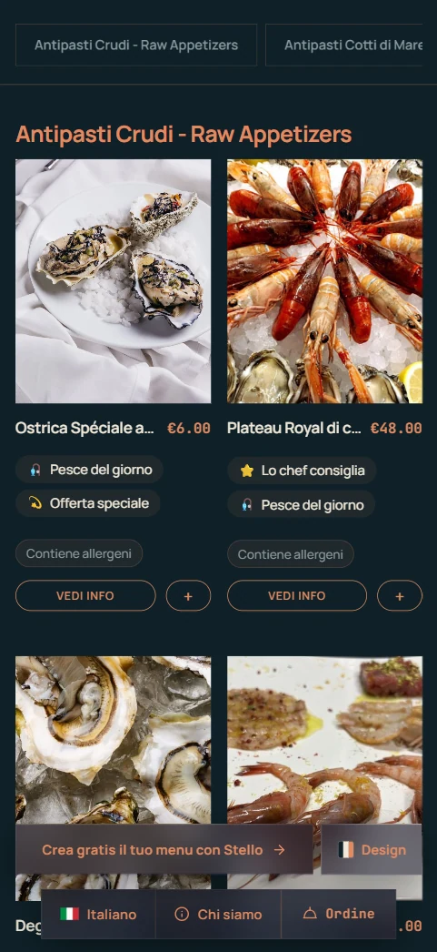 Menu demo Stella d’Oro aperto in italiano, con foto dei piatti, prezzi e indicazioni sugli allergeni