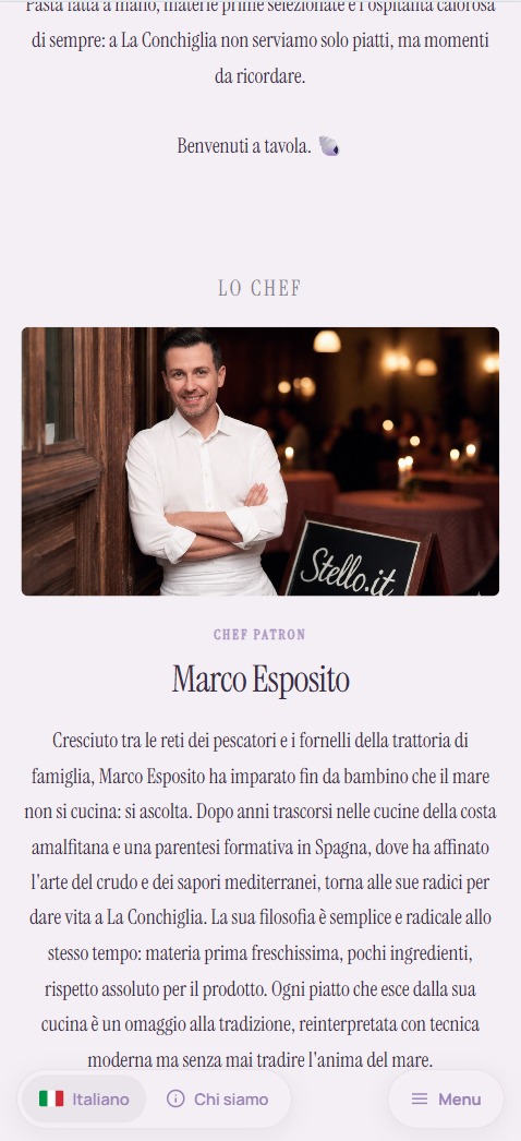 Sezione mobile dedicata allo chef con ritratto, ruolo e biografia