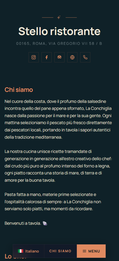 Pagina Chi siamo mobile di un ristorante con testo, contatti e navigazione verso il menu