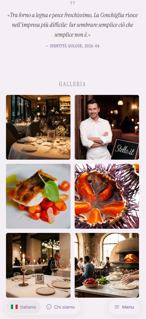 Gallery mobile di un mini-sito per ristorante con sala, chef, piatti e cucina