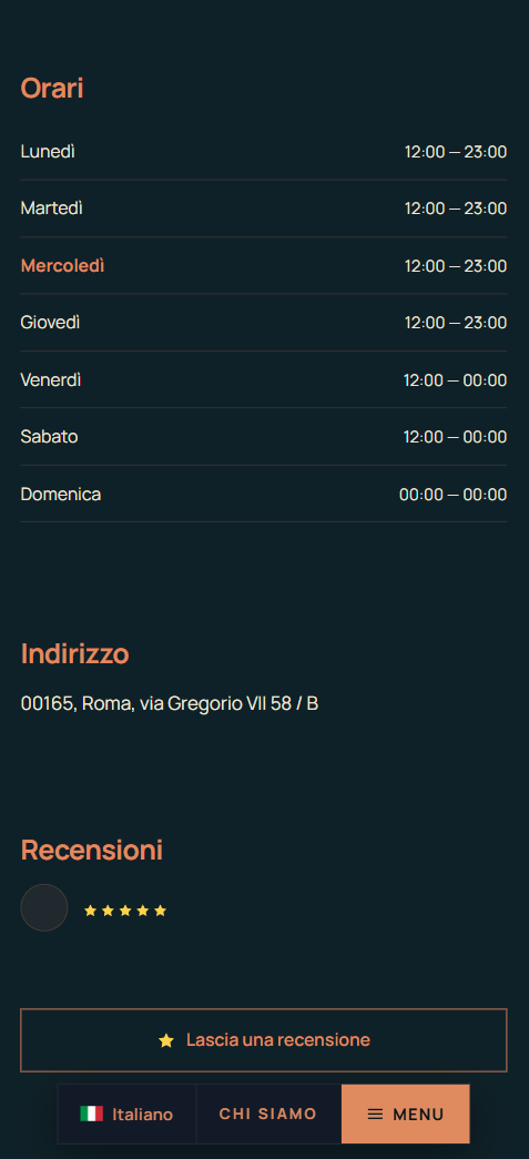 Orari, indirizzo e sezione recensioni in un mini-sito mobile per ristorante