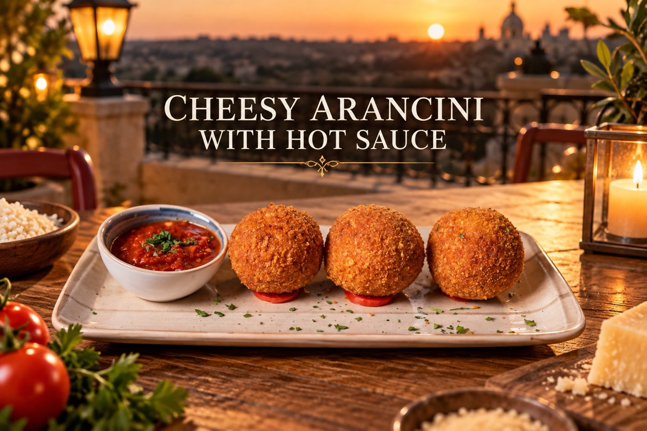 Cheesy Arancini with Hot Sauce
